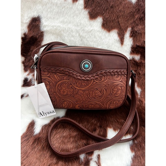 Western Floral Tooled Crossbody Bag Turquoise Concho New - Picture 2 of 4
